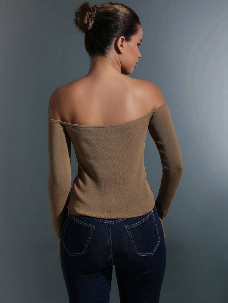 Off Shoulder Hook And Eye Ribbed Knit Pullover Fall Winter Sweater