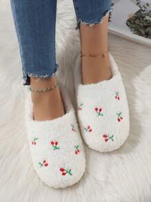 可爱刺绣水果毛绒保暖家居拖鞋，安静室内地板袜，女士秋冬款 - 白色 - 查看 4