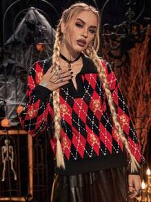 PUNK Suéter de punto con caída de hombros y estampado de argyle para otoño e invierno - Multicolor - Ver 1