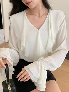 DAZY Blusa unicolor ribete con fruncido de manga amplia - Blanco - Ver 3