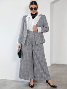 SHEIN Privé Plus 1pc Contrast Peak Collar Plaid Blazer and 1pc Pants Set - Multicolor - View 5