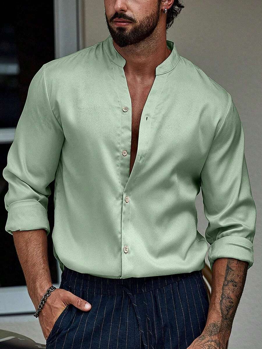 Manfinity Homme 男士纯色纽扣衬衫（不含T恤），适合秋季穿着，长袖上衣 - 薄荷綠 - 查看 1