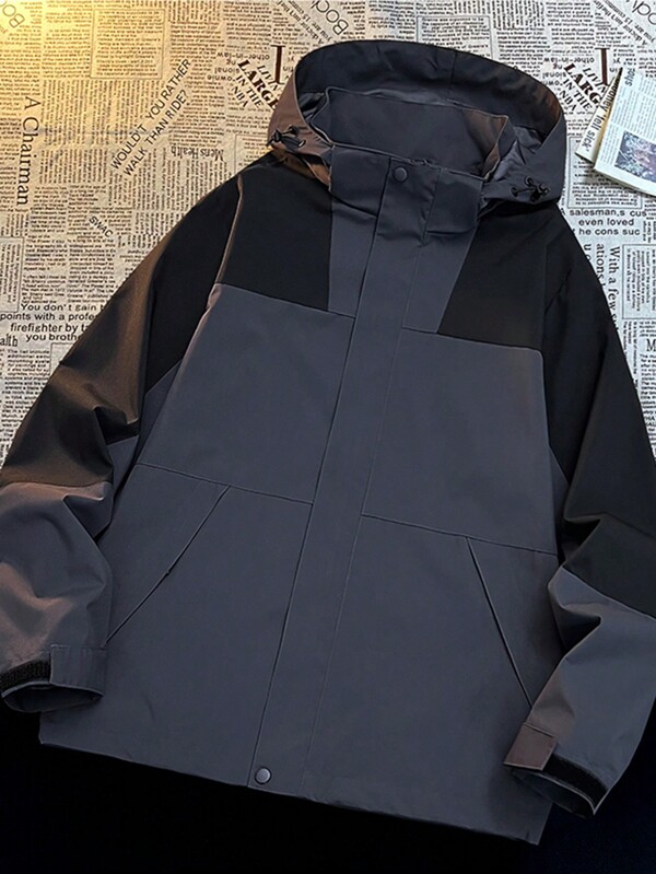 Men Colorblock Zip Up Hooded Jacket