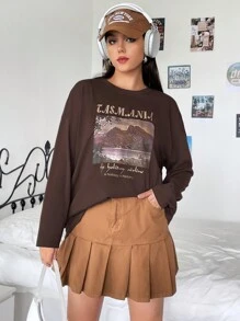 SHEIN EZwear Plus Mountain & Slogan Graphic Drop Shoulder Tee - Apricot - View 1