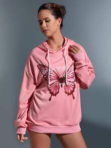 SHEIN Qutie Hình ảnh con bướm và khẩu hiệu Thả vai Dây rút Hoodie - Hồng - Xem 4