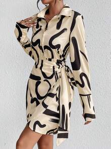 SHEIN Frenchy Allover Print Knot Side Wrap Shirt Dress - Multicolor - View 5