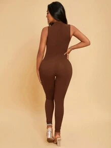 SHEIN SXY Solid Mock Neck Unitard Jumpsuit - Chocolate Brown - View 2