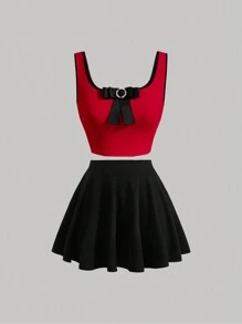 SHEIN MOD Bộ đồ hai mảnh nữ Tương phản ràng buộc Nơ Bướm Pha lê kim cương Khối Màu Giải trí - Đỏ - Xem 1
