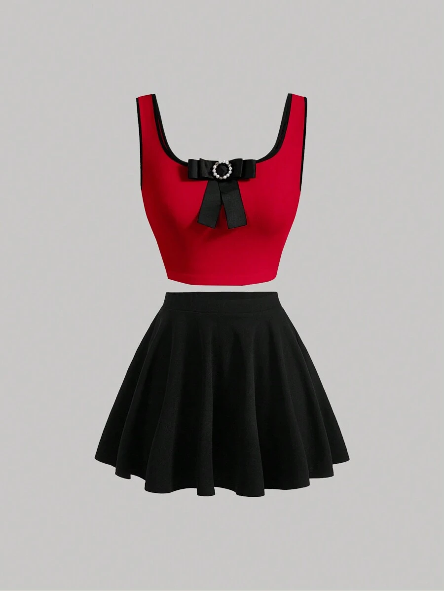 SHEIN MOD Bộ đồ hai mảnh nữ Tương phản ràng buộc Nơ Bướm Pha lê kim cương Khối Màu Giải trí - Đỏ - Xem 1