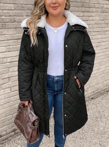 SHEIN LUNE Plus Borg Collar Zipper Quilted Coat - Black - View 6