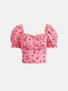 SHEIN Teen Girls Cherry Print Puff Sleeve Ruched Bust Blouse - Multicolor - View 1