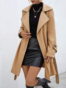 SHEIN Privé Tương phản ràng buộc Thắt lưng Áo khoác - Màu Khaki - Xem 3