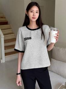 DAZY Patched Detail Contrast Binding Tee - Light Grey - View 7