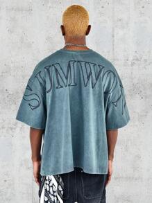 SUMWON Oversized Fit Washed Tee With Back Logo Embroidery - Dusty Blue - View 1