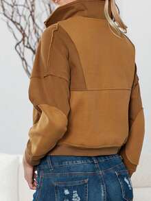 CILKOO Sudadera con bolsillo con solapa con cremallera media de hombros caídos - Marrón - Ver 2