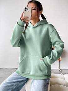 SHEIN Unity 字母圖案落肩袖連帽衫 - 綠色 - 查看 2