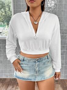 Flirla 加大码半拉链落肩短款卫衣 - 白色 - 查看 1