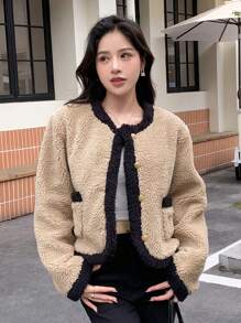 DAZY Contrast Trim Dual Pocket Teddy Jacket - Multicolor - View 4