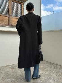 DAZY Lapel Neck Double Button Longline Blazer, Fall Women Clothes Business Attire - Black - View 2