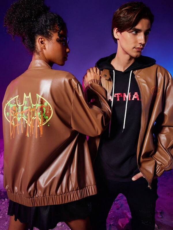 BATMAN X SHEIN Männer 1 Stück Bomberjacke mit Buchstaben Grafik, PU Leder
