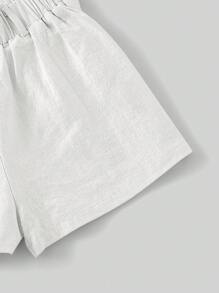 SHEIN Tween Girl Paperbag Waist Button Detail Shorts - White - View 3