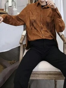 Manfinity Hypemode Loose Fit Men's Faux Suede Shacket With Fringe Trim And Button Closure - Brown - View 3