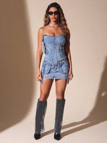 SHEIN BAE Raw Trim Tube Denim Top - Light Wash - View 4