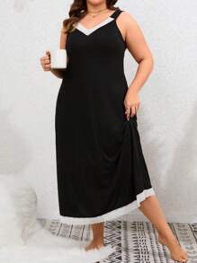 Plus Contrast Lace Cami Pajama Nightdress, Long Dress - Black - View 4