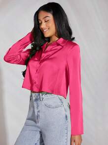 SHEIN BAE 素色前紐扣緞面短款襯衫 - 玫紅色 - 查看 5