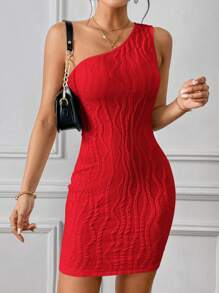 SHEIN Privé Đầm Textured màu trơn Gợi cảm - Đỏ - Xem 5