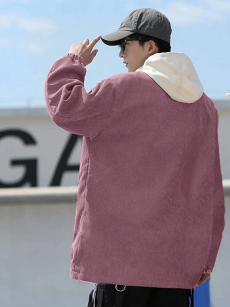 Men's Oversized Corduroy Jacket With Drawstring Hood And Zipper Closure