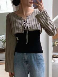 DAZY 前繫帶短款開衫 - 摩卡棕 - 查看 1