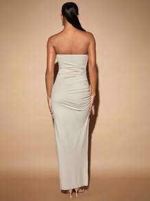 SHEIN BAE Solid Ruched Side Bodycon Dress - Apricot - View 2