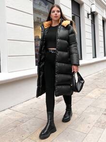 RueChic Plus Zip Up Snap Button Hooded Puffer Coat - Black - View 4