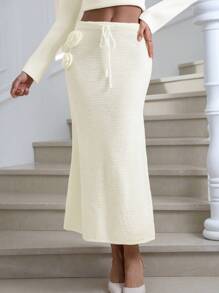 SHEIN Clasi Stereo Flower Drawstring Waist Knit Skirt - Apricot - View 6