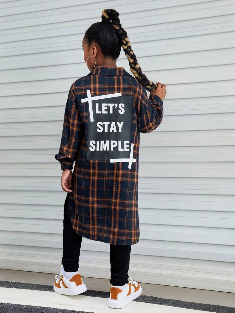 Tween Girl Plaid & Slogan Graphic Drop Shoulder Shirt