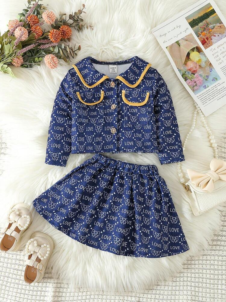 Baby Girl Letter & Bow Print Peter Pan Collar Flap Detail Jacket & Skirt