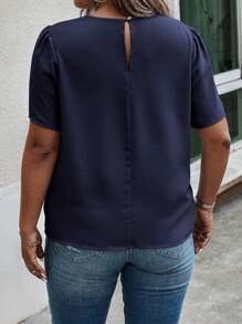 SHEIN LUNE Plus Solid Puff Sleeve Blouse - Navy Blue - View 2