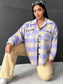 SHEIN EZwear Plus Buffalo Plaid Print Drop Shoulder Flap Pocket Overcoat - Violet Purple - View 3