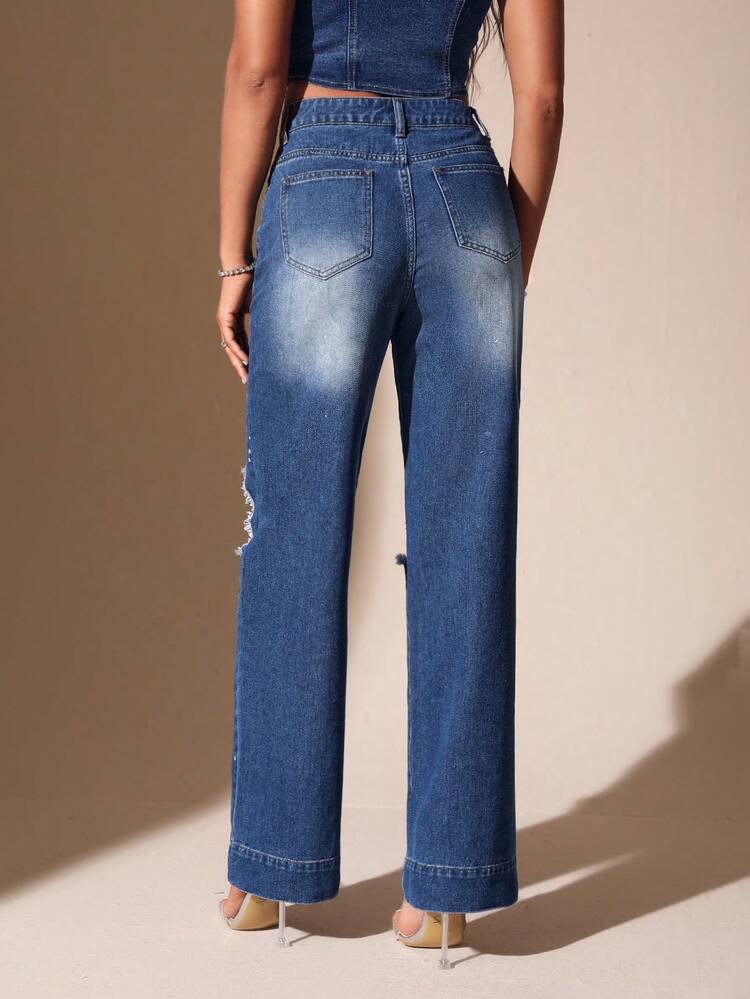 Splash Ink Print Ripped Straight Leg Jeans