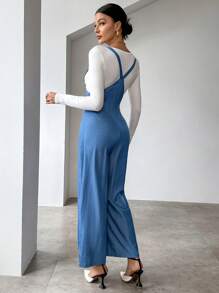 SHEIN Unity Solid Wide Leg Overall Jumpsuit Without Tee - Blue - View 2