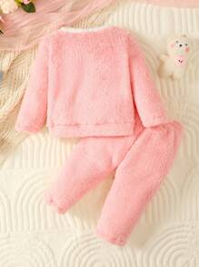 Baby Girl Cartoon Embroidery 3D Ears Design Teddy Sweatshirt & Pants - Pink - View 2