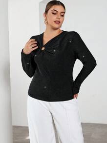 SHEIN Privé Plus Ring Linked Glitter Tee - Black - View 5