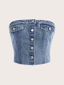 SHEIN MOD 毛邊前紐扣抹胸牛仔上衣 - 淺色水洗藍 - 查看 1