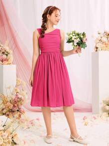 SHEIN Teen Girl Ruched Asymmetrical Neck Dress - Hot Pink - View 3