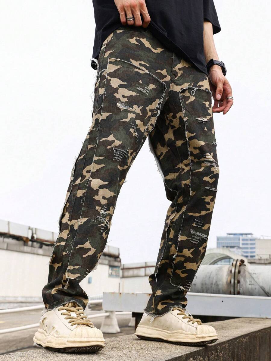 Manfinity EMRG Loose Fit Men's Camouflage Print Straight Leg Jeans - Army Green - View 1