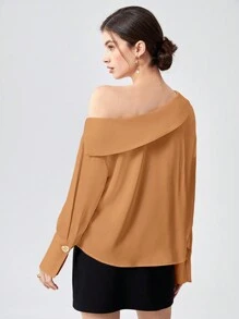 BizChic Asymmetrical Neck Button Detail Blouse - Brown - View 2