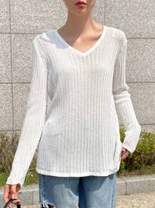 DAZY Solid V Neck Ribbed Knit Sweater Fall - White - View 4