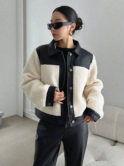 DAZY Women's Autumn/Winter Patchwork Sherpa Casual Single-Breasted Jacket