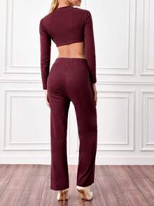 EURMUSE Wine Red Two-Piece Set With Asymmetric Hem High Neck Long Sleeved Top And Straight Pants - Burgundy - View 2